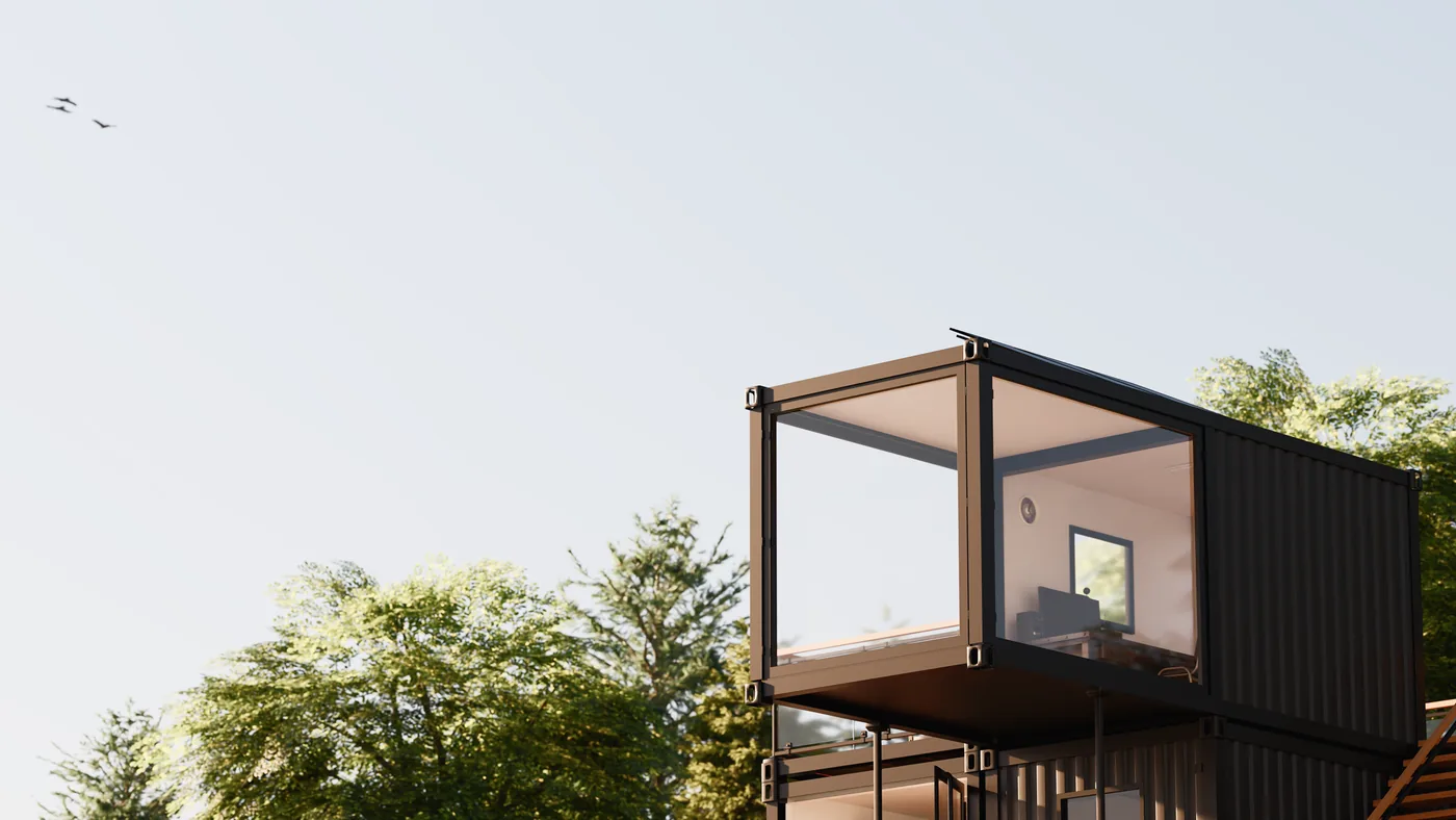 A NOVA container home on a forested hillside in morning light.